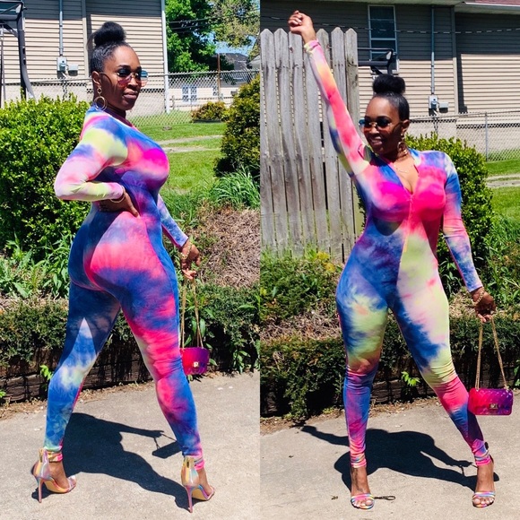 Long Sleeve Multi Neon Color Tie Dye Mesh Jumpsuit - Picture 2 of 8